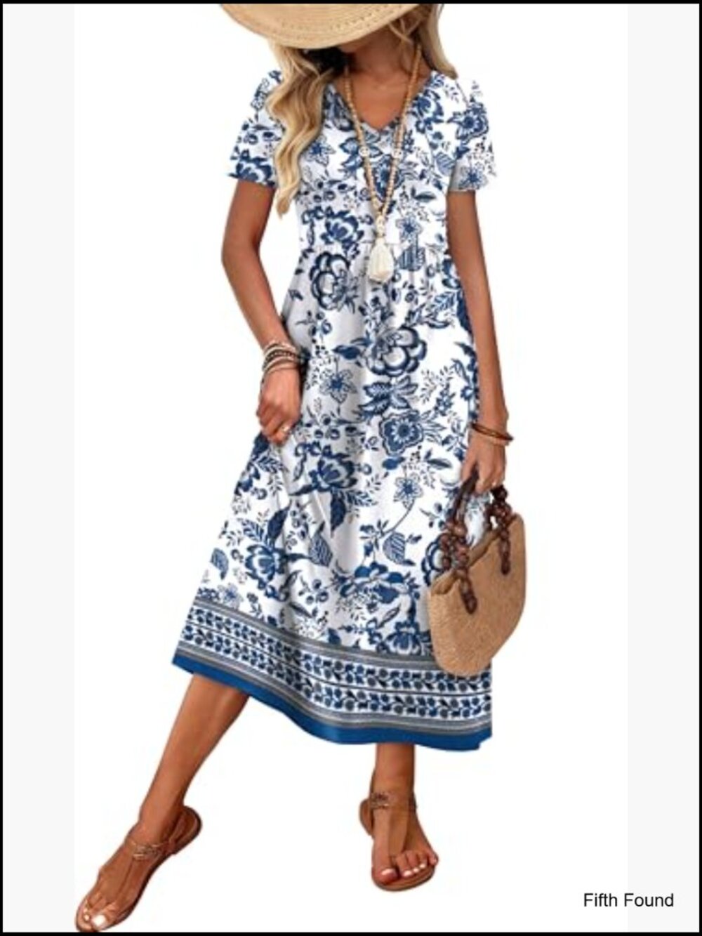 Flowy A-Line Midi Dress Short Sleeve V-Neck with Pockets Casual Sundress S-2XL - Picture 4 of 7